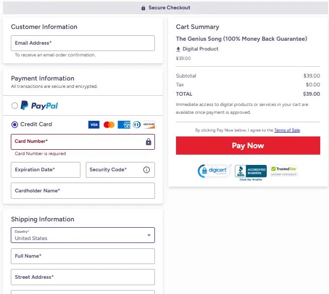 The Genius Song secure checkout page
